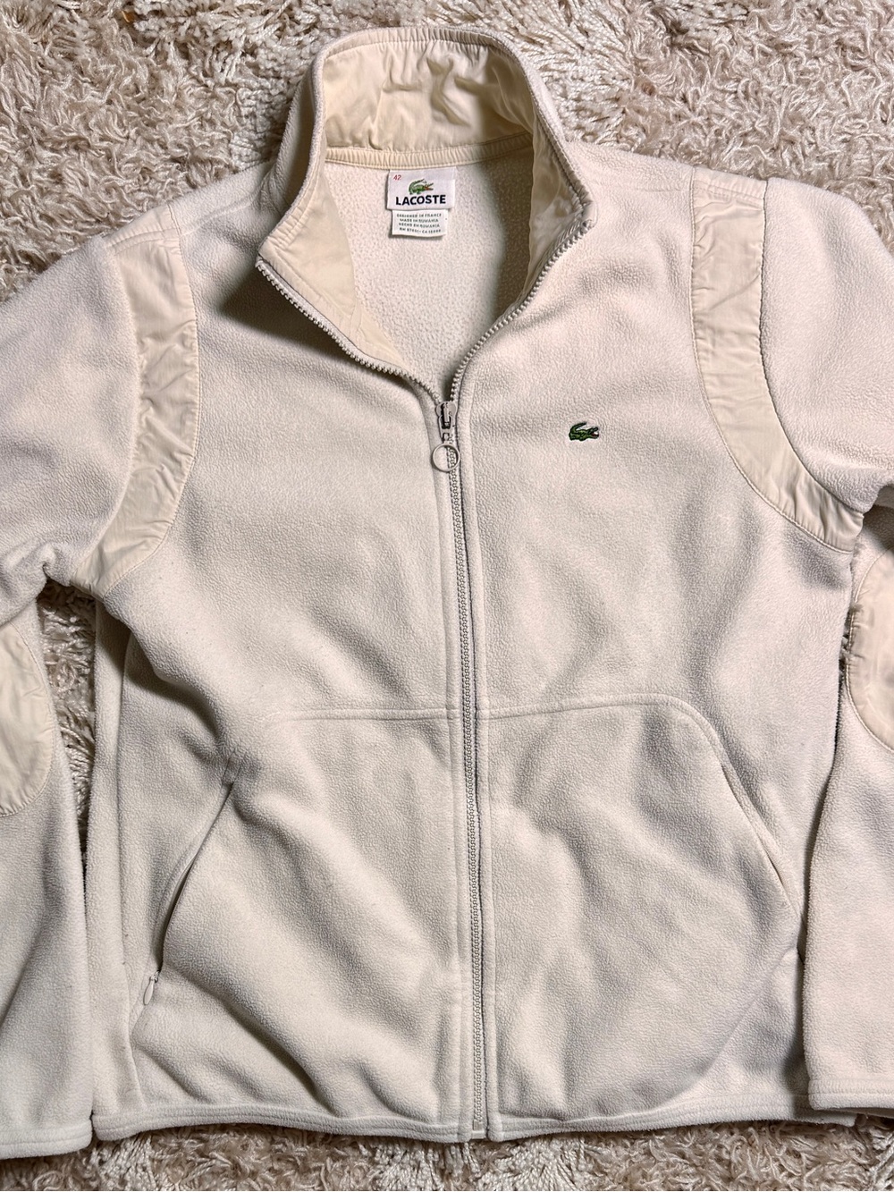 Lacoste Women's Cream Full-Zip Teddy Fleece Jacket with Green Croc